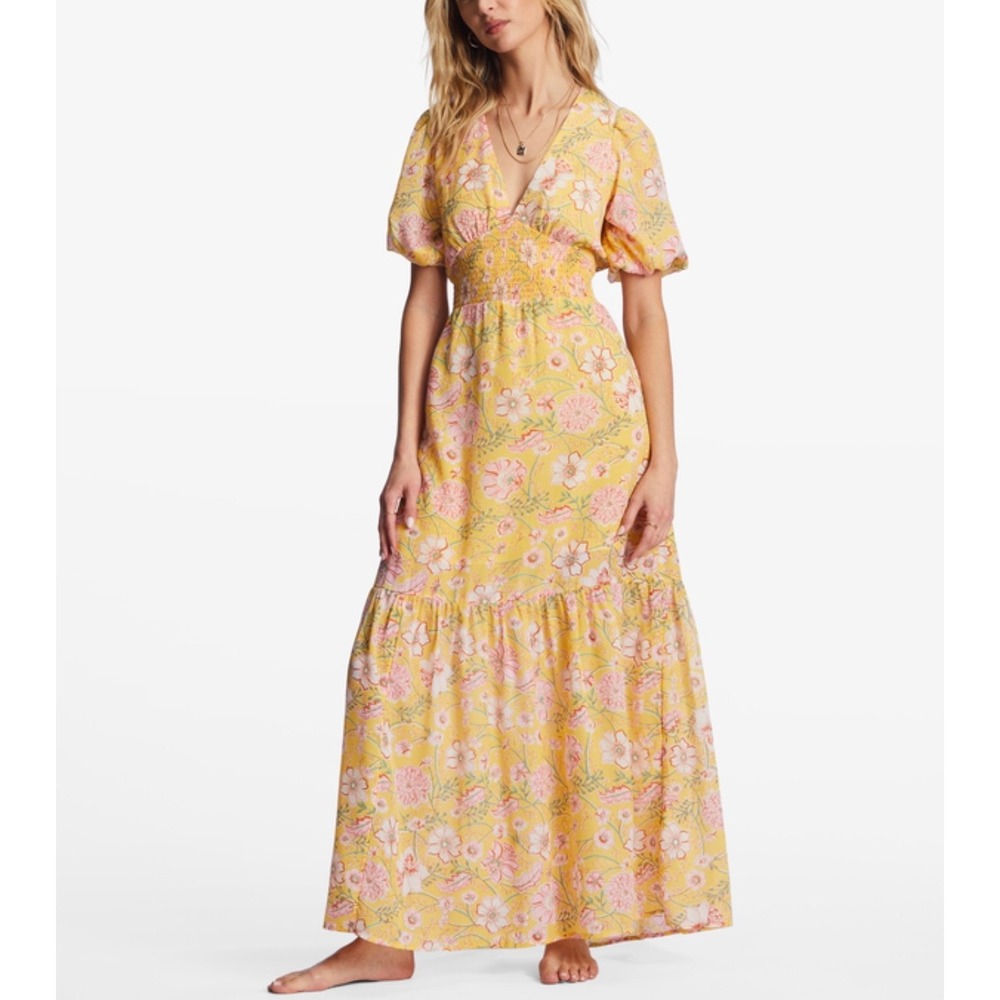 Billabong Yellow Floral Smocked Waist V-Neck Puff Sleeve Maxi Dress XS